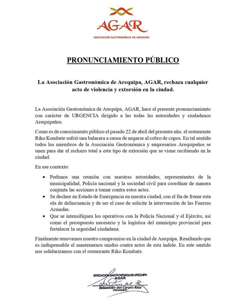 AGAR se pronuncia contra actos delincuentes de extorsión a negocios de Arequipa