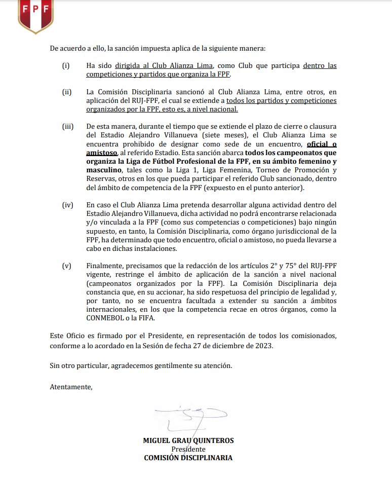 Resolución de la FPF que aclara la sanción del Estadio de Matute sobre su participación en Copa Libertadores. 