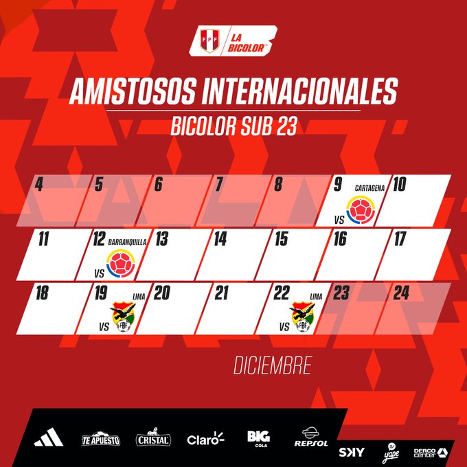 Calendario de amistosos para la Selección Peruana Sub-23.