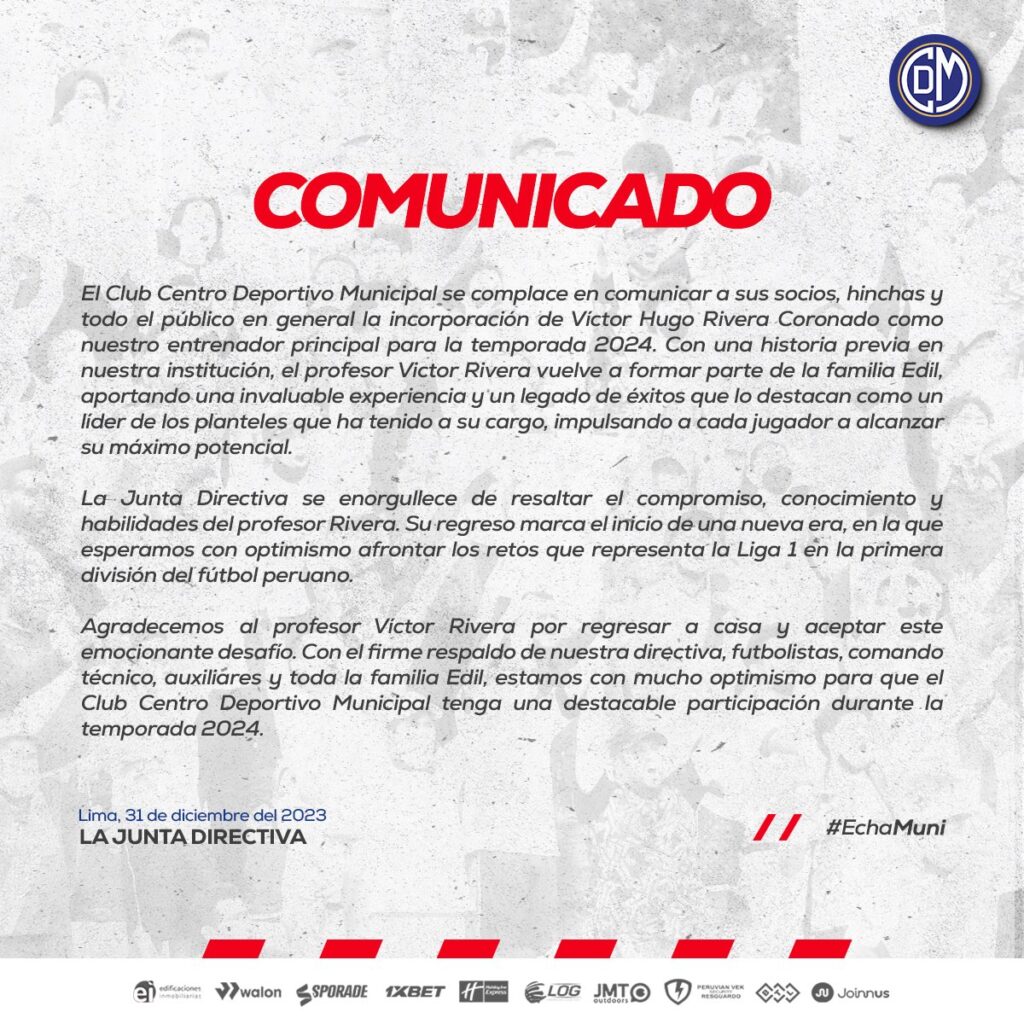 Comunicado de Deportivo Municipal donde aseguran jugar la Liga 1 en el 2024. 