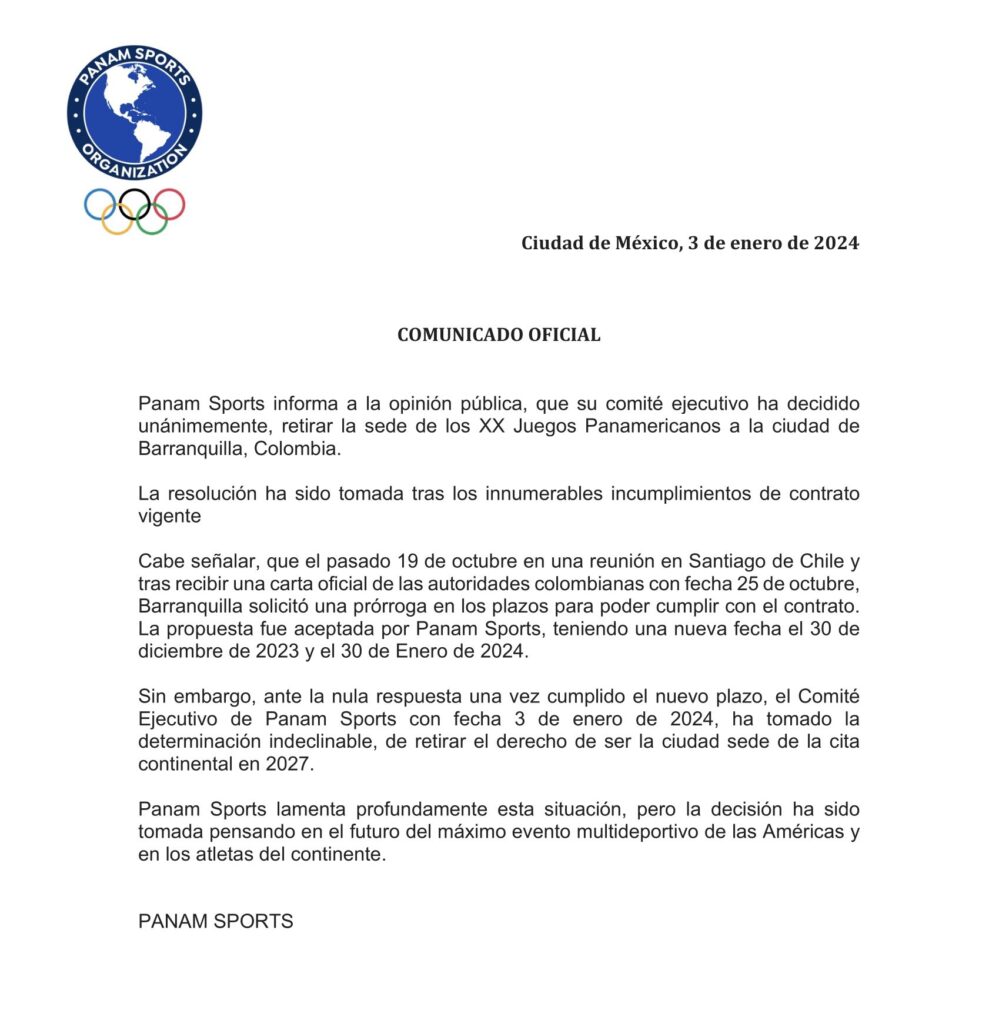 Documento oficial de Panam Sports sobre la sede de Colombia para los Juegos Panamericanos 2027.