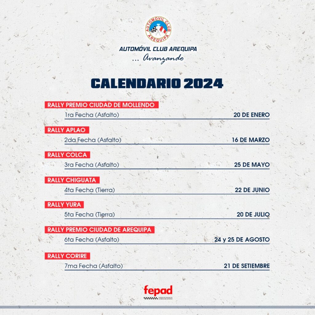 Calendario oficial del Automóvil Club Arequipa para las competencias del 2024. 