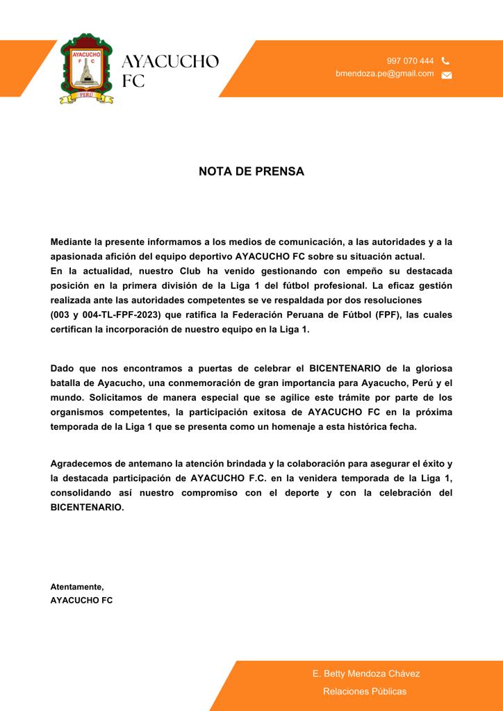 Comunicado de Ayacucho FC sobre su postura para retornar a Liga 1.