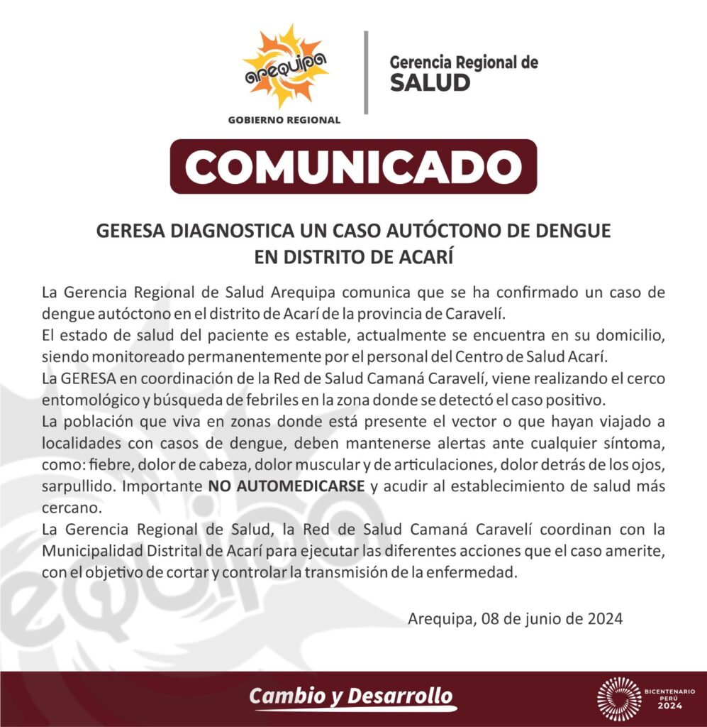 Comunicado de la Geresa Arequipa por caso de niño en Acarí.